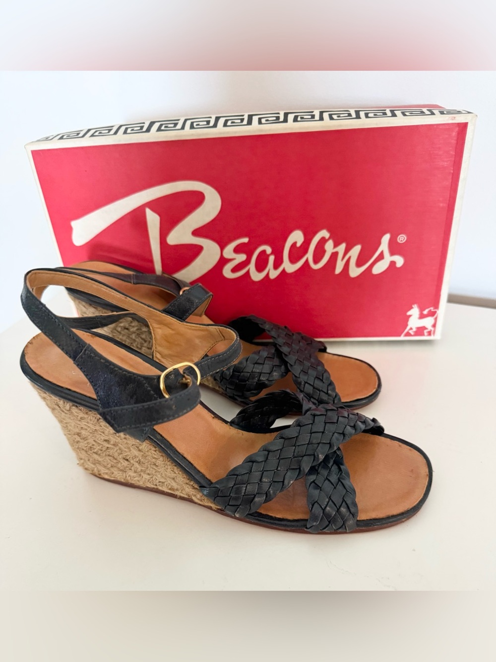 Beacon Black Braided Espadrille Wedge Sandals Jute Heel Vintage original box